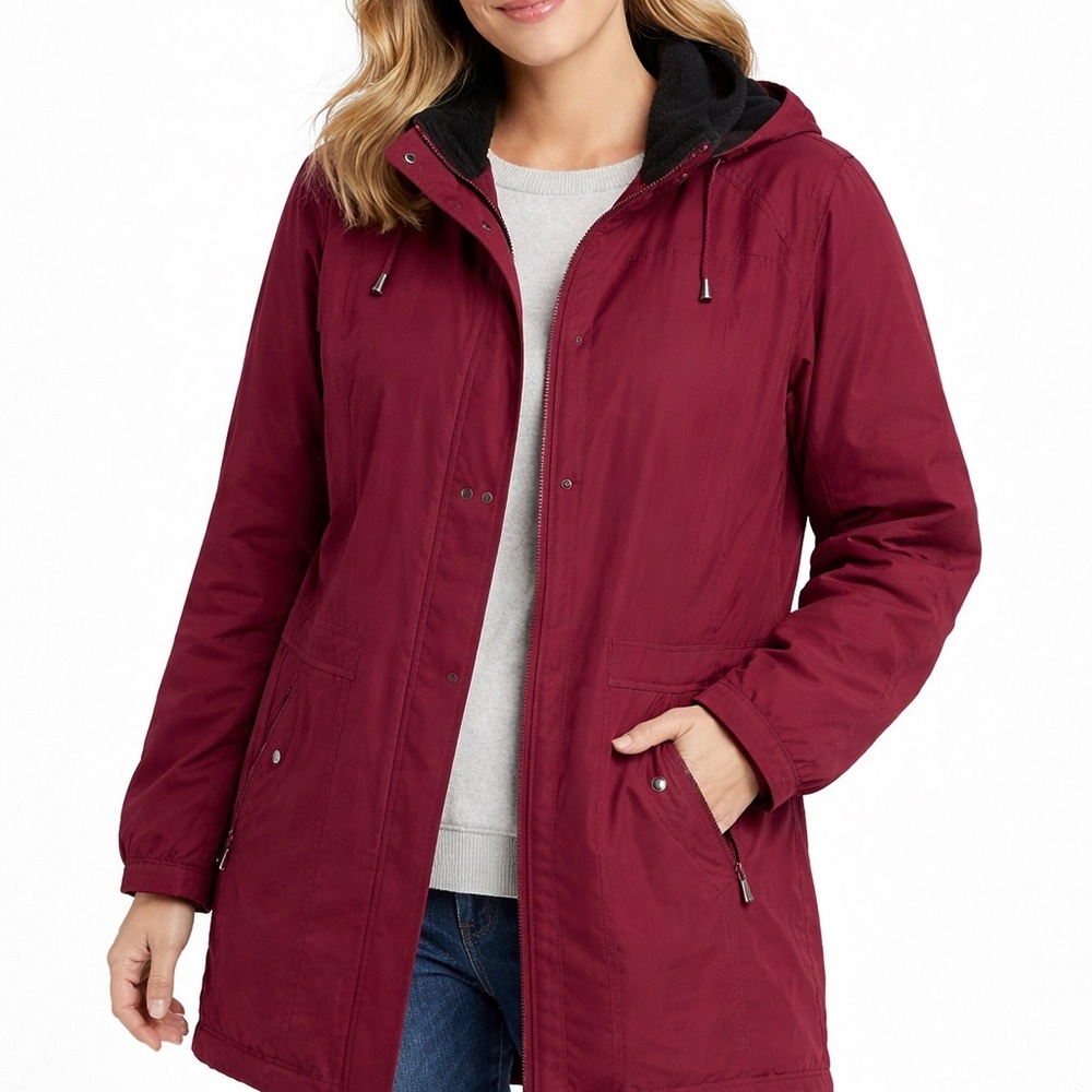 St John’s Bay‎ Burgundy Quilted Hooded Jacket Women’s Medium Zip Pocket Coat